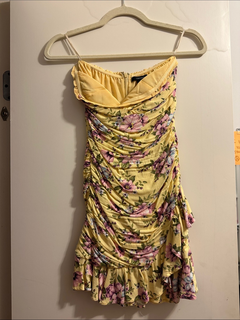 Forever 21 Yellow Floral Strapless Ruched Mini Dress